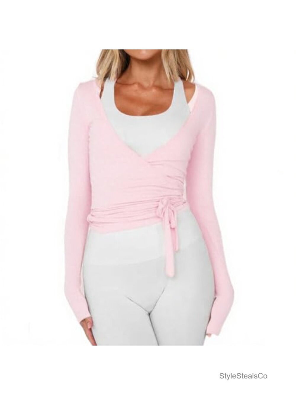 Women Ballet Wrap Top Long Sleeve Self Tie Dance Pilates Yoga Active Shirt